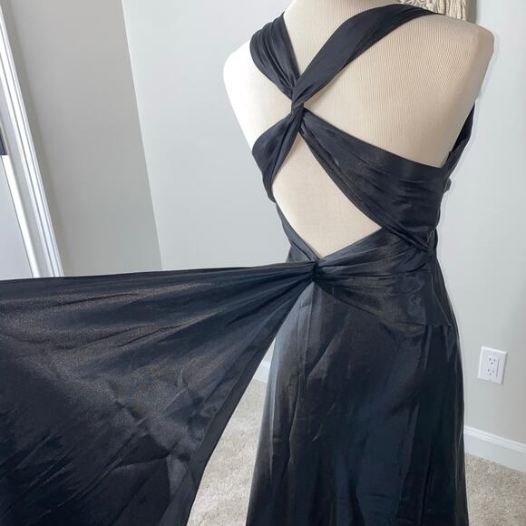 Vintage 90s La Femme Black Satin Criss Cross Cape Back Formal Gown Long Dress 6 - Picture 2 of 12